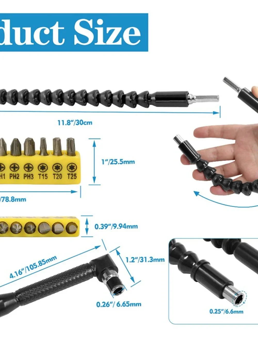 90 Degree Right Angle Driver, 11.6 Inch Bendable & Flexible Screwdriver Extensio